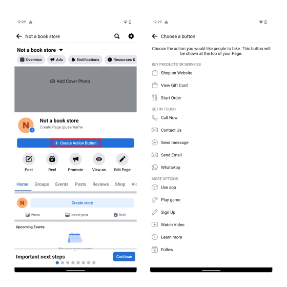 మీ Facebook వ్యాపార ఖాతా కోసం చర్య బటన్ను సృష్టించండి మరియు ఎంచుకోండి